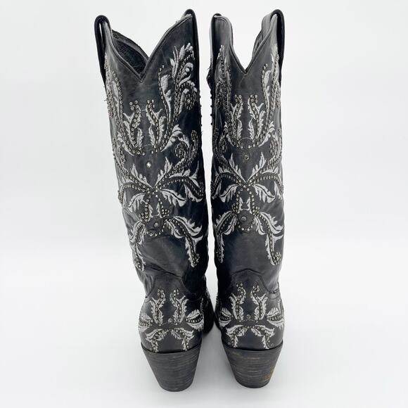 Lucchese Women's 10.5 Black Oklahoma Calfskin Studded Crystal Cowgirl Boots - Picture 7 of 11